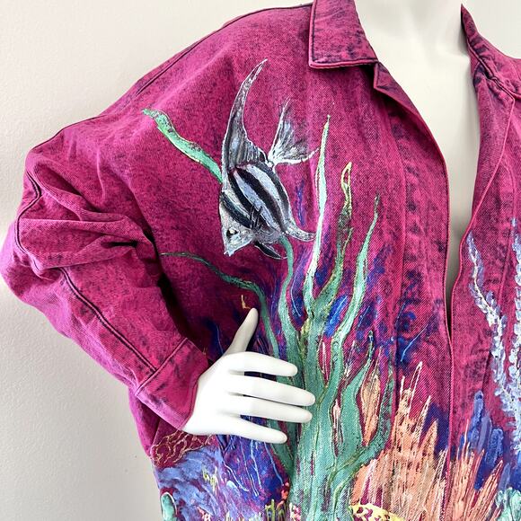 Womens Vintage Sundance S Dolman Denim Jean Hand Painted Sea Life Pink Jacket - Picture 2 of 7